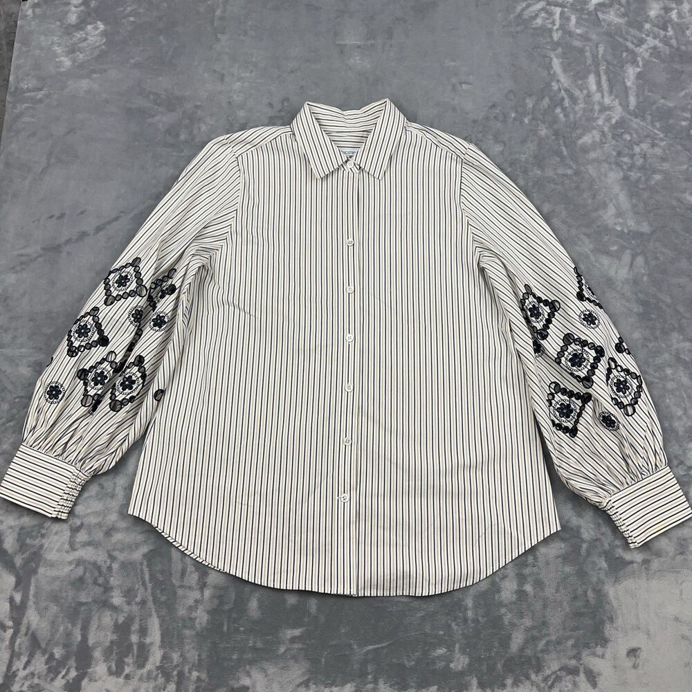 Chico's Shirt Womens Size 1 Medium Multicolor Striped Poplin Embroidered Sleeve
